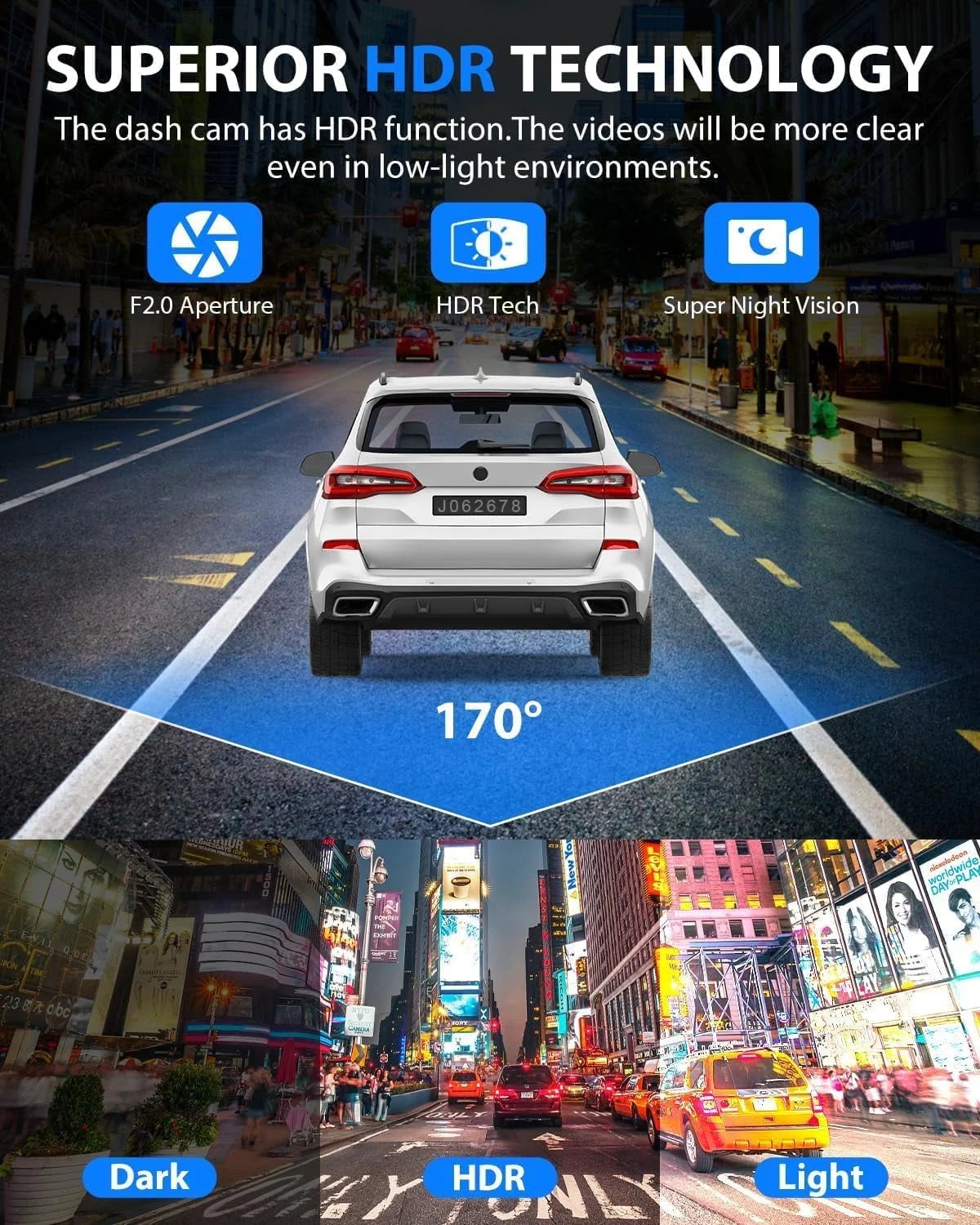 Dash Cam Front and Rear, 1080P Dash Camera for Cars, 3 Channel Car Camera Front Rear and inside with 32GB Card, Loop Recording, Night Vision, HDR, 24Hr Parking, G-Sensor
